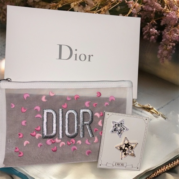 Dior Accessories - Dior Embroidered Pink Heart Mesh Pouch + Hair star barrettes